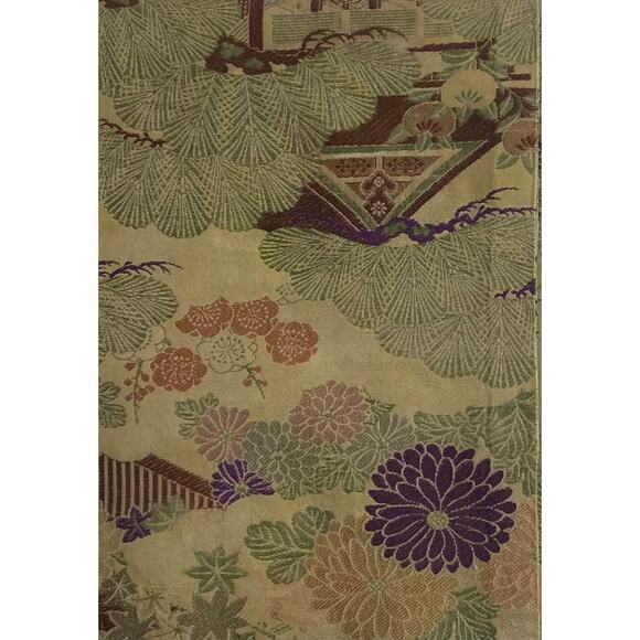 Antique Japanese Maru Silk & Wool Obi With Multicolored Peonies Landscape Design - Picture 9 of 12